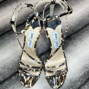 Jimmy Choo Tesca 100 Ocra Mix Snake Printed Fabric Sandals Heels